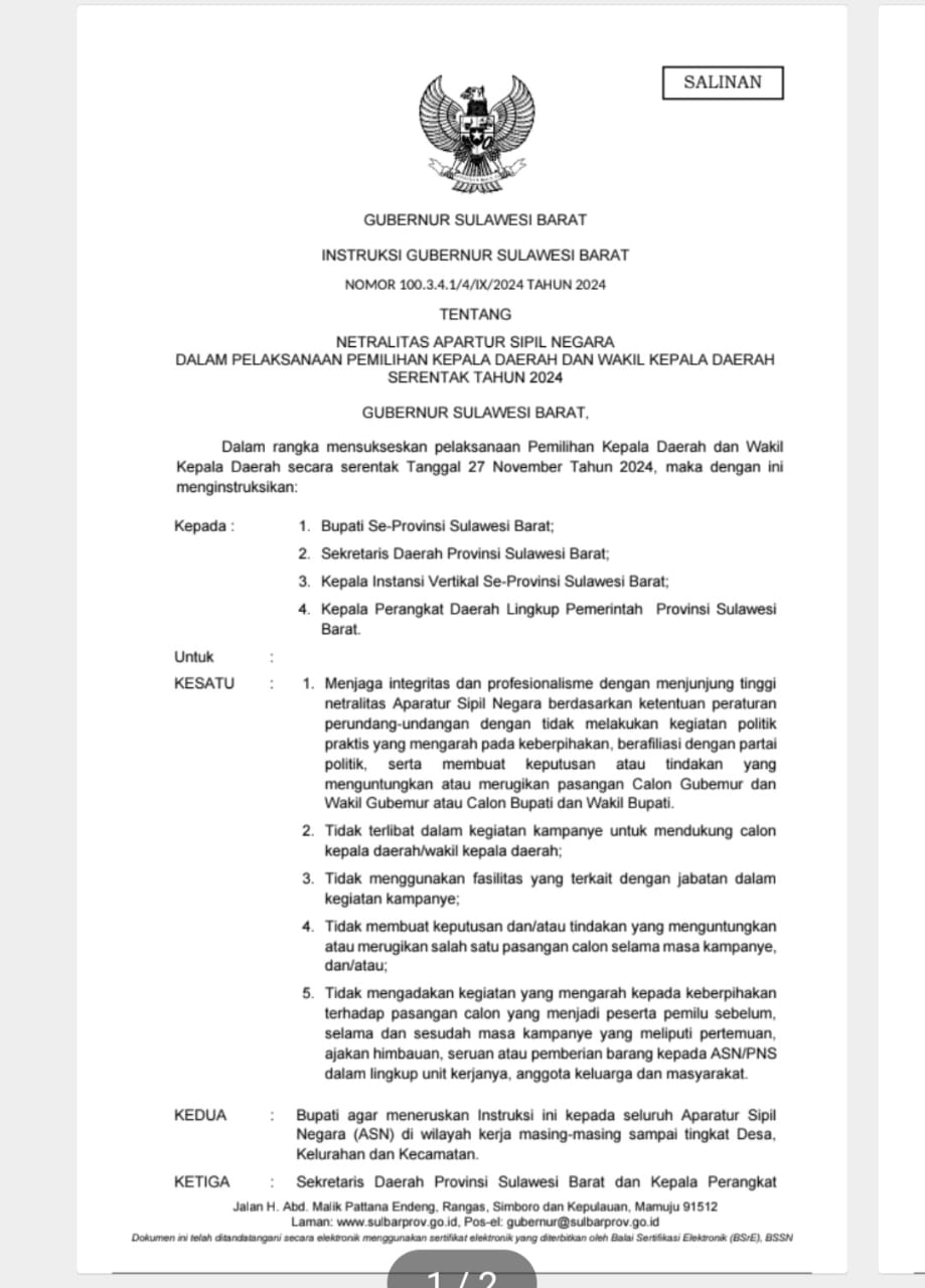 Surat Instruksi PJ Gubernur Sulbar Mengenai Netralitas ASN Pada Pilkada Serentak 2024